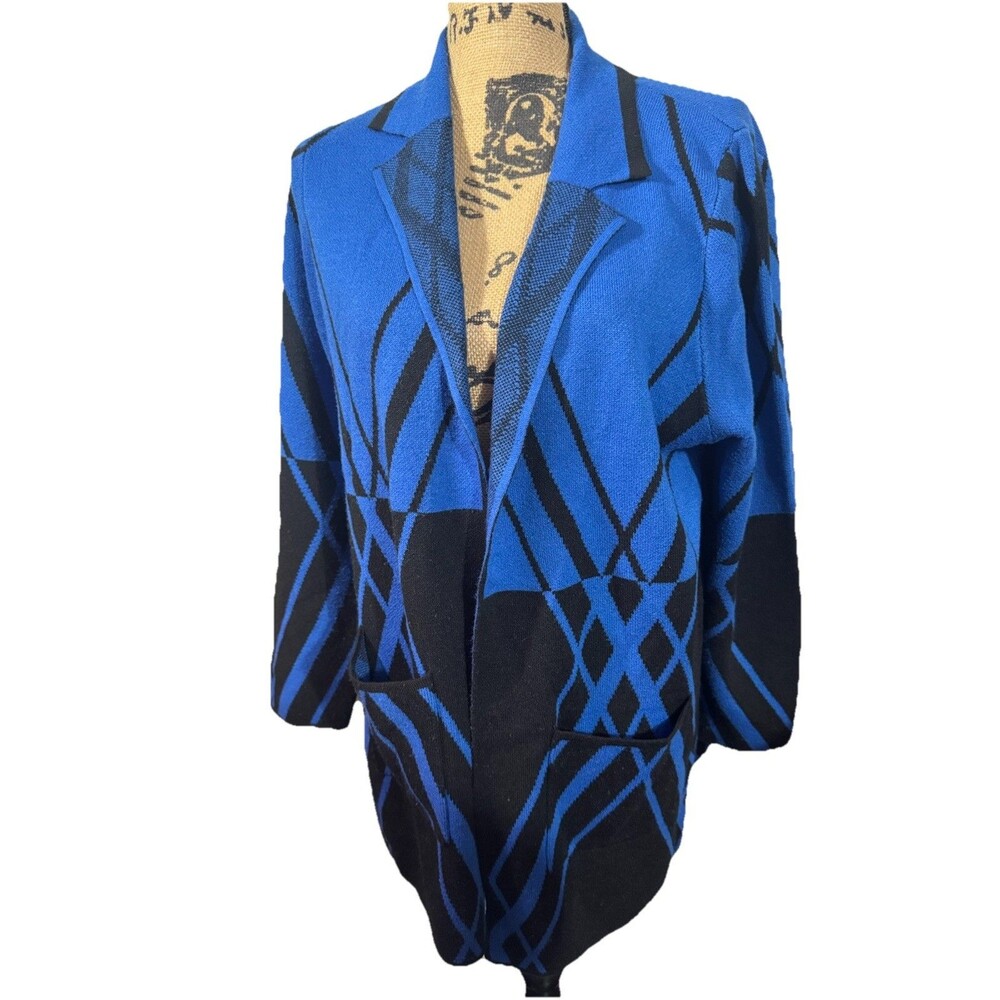 Investments Petites XL Black And Blue Cardigan Sweater Geometric Design